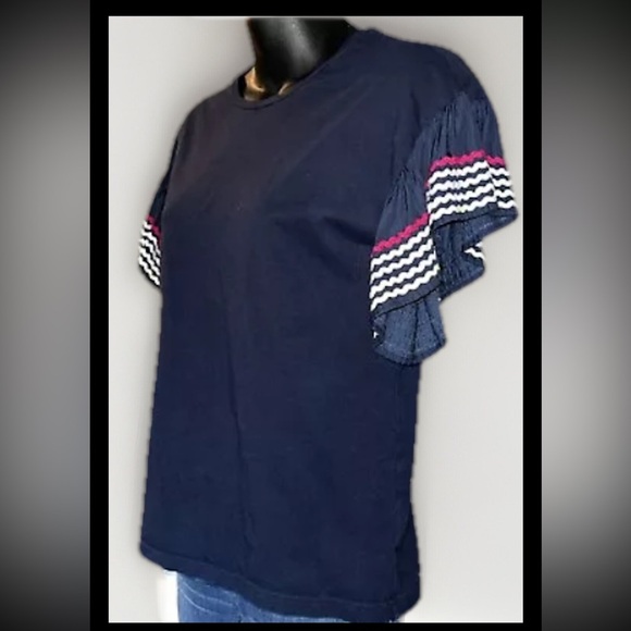 STELLA & DOT 'Everly' Flutter Ric Rac Sleeves Navy Blue T-Shirt Size Small - Picture 3 of 9